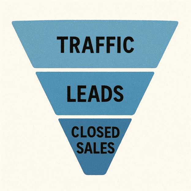 A diagram of a marketing funnel showing 'Traffic' at the top, 'Leads' in the middle, and 'Closed Sales' at the bottom.
