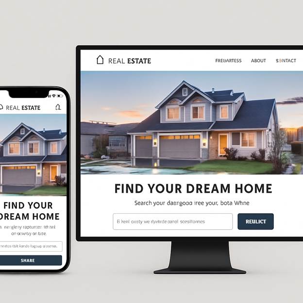 A clean, professional real estate website displayed on both a smartphone and a desktop to show responsive design.